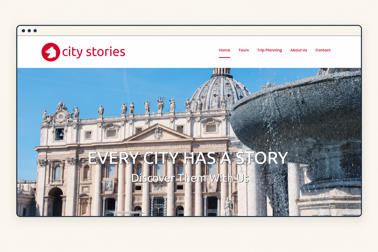City Stories Tours website homepage with red branding and a photograph of St Peter’s Basilica and fountain.