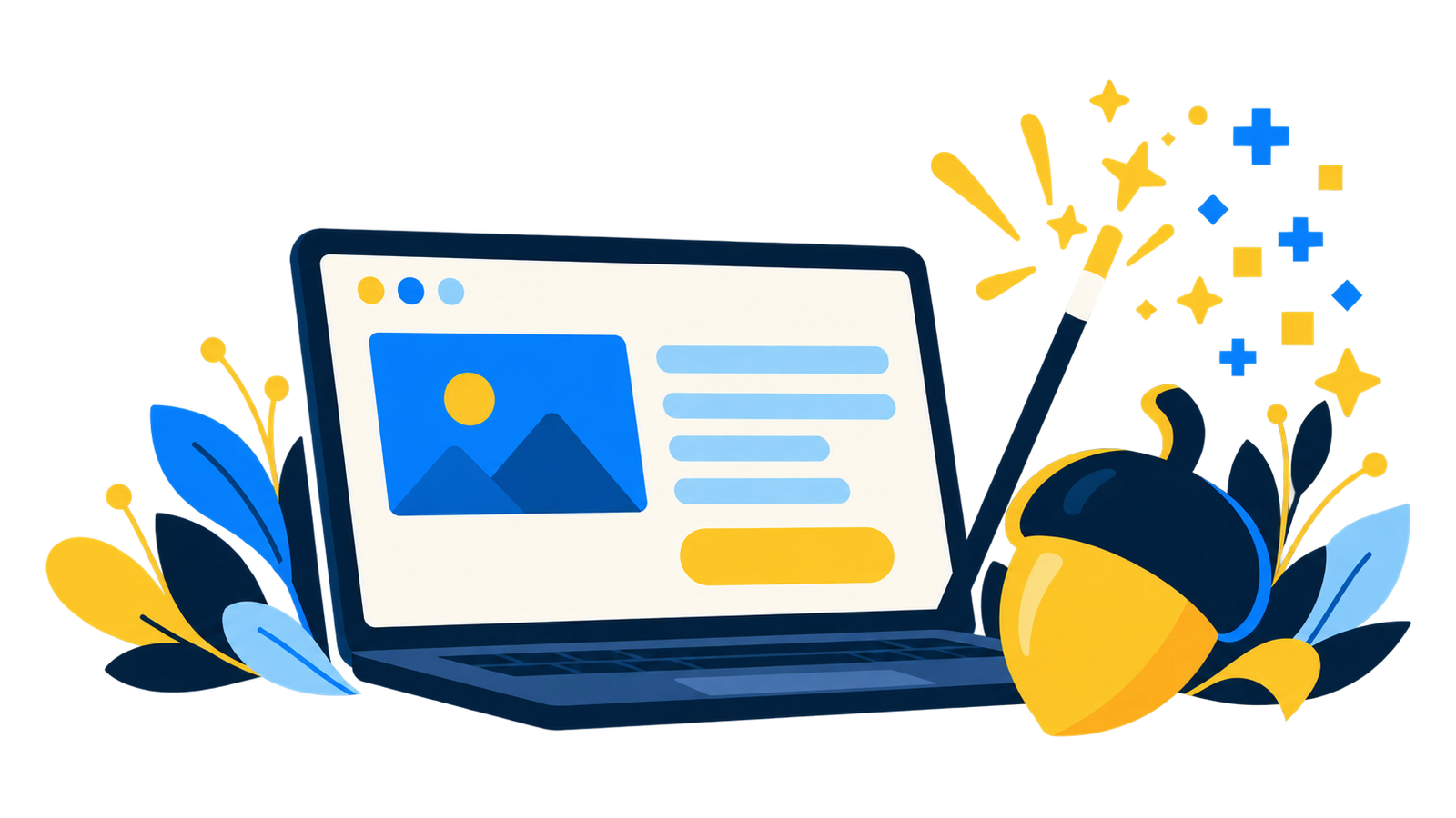 Illustrated laptop, acorn and magical sparks