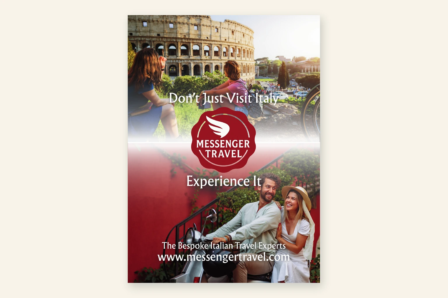 Messenger Travel print advert with its red logo, Colosseum photograph and a couple on a scooter in Italy.